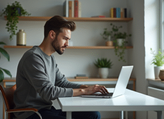 Jeune homme concentré travaillant sur son ordinateur à domicile