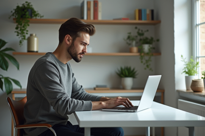 jeune-homme-bureau-home Jeune homme concentré travaillant sur son ordinateur à domicile