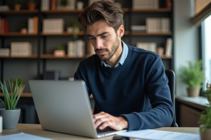 jeune-homme-bureau-informaticien Jeune homme travaillant sur un ordinateur dans un bureau moderne