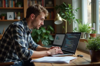 Jeune homme concentré travaillant sur son ordinateur dans un bureau