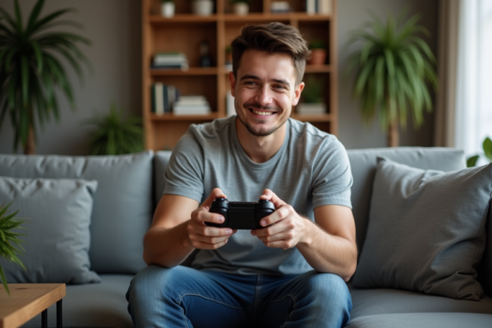 jeune-homme-jeux-video Jeune homme jouant aux jeux vidéo sur un canapé