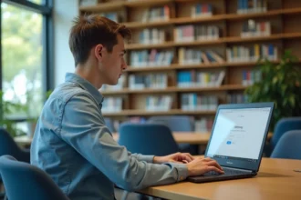 Jeune homme concentré sur son ordinateur dans une bibliothèque universitaire