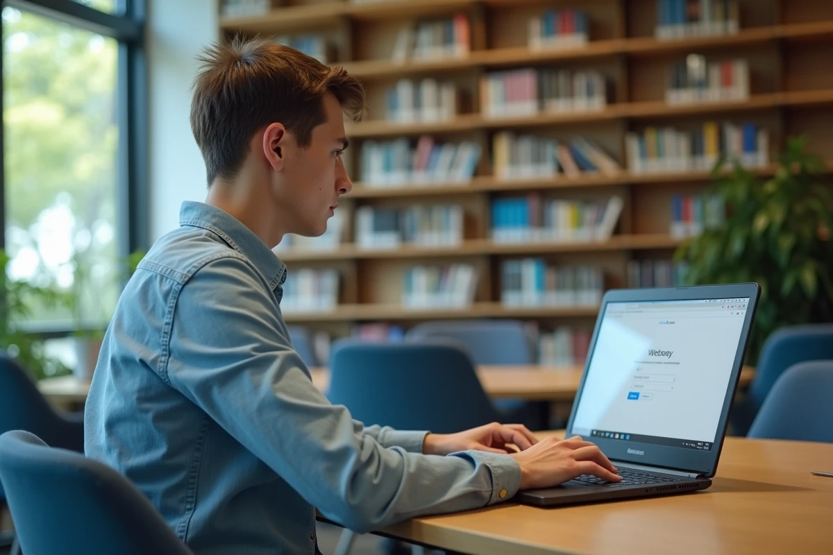 Jeune homme concentré sur son ordinateur dans une bibliothèque universitaire