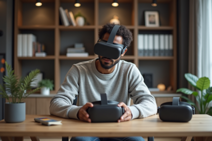 Jeune homme comparant deux casques VR modernes