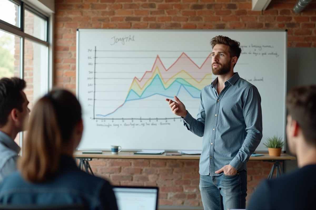 Jeune homme expliquant un graphique devant un tableau blanc