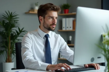 Jeune homme en bureau concentré sur son ordinateur