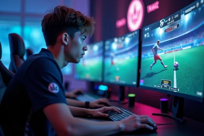 Joueur esport concentré sur Rocket League dans une salle de jeu compétitive avec plusieurs écrans affichant des statistiques de match