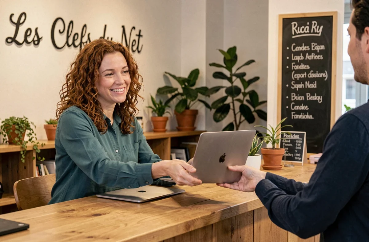 Technicienne des Clefs du Net à Montpellier remettant un MacBook réparé à un client dans une boutique chaleureuse