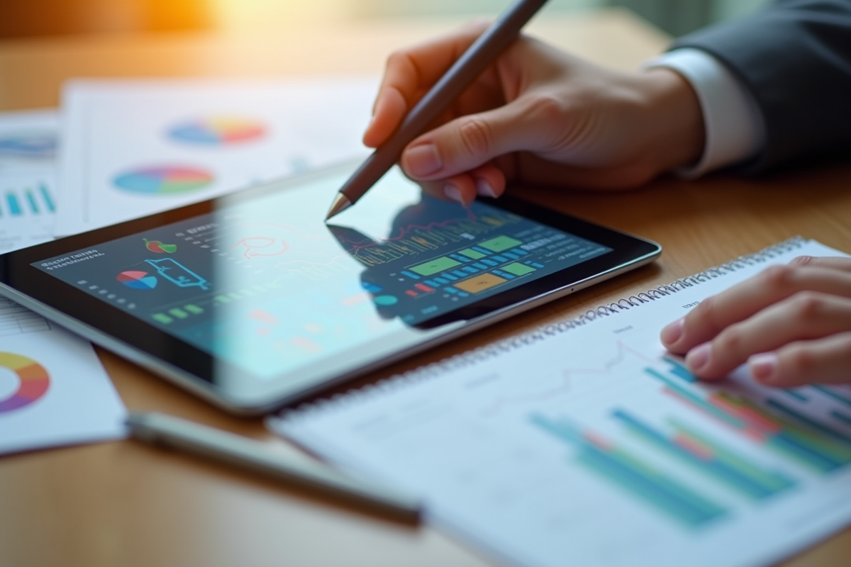 Mains utilisant une tablette avec graphiques interactifs de données