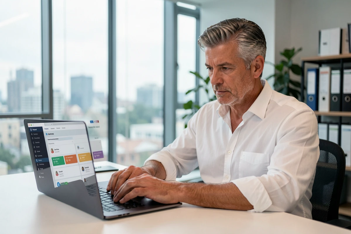 Manager homme utilisant un intranet sur ordinateur portable dans un bureau vitré avec vue sur la ville
