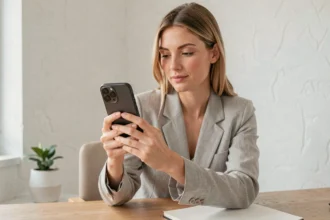 Femme tenant un iPhone haut de gamme 2026 dans un bureau moderne minimaliste, guide d'achat iPhone
