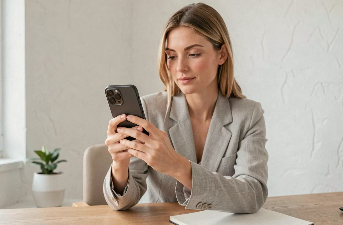 Femme tenant un iPhone haut de gamme 2026 dans un bureau moderne minimaliste, guide d'achat iPhone