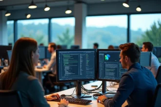 Vue d'ensemble d'un bureau informatique professionnel dans le Doubs avec des techniciens au travail sur plusieurs écrans