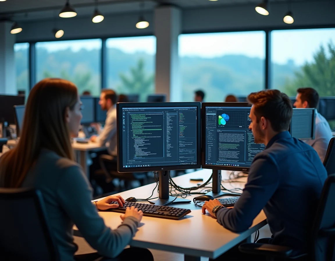 Vue d'ensemble d'un bureau informatique professionnel dans le Doubs avec des techniciens au travail sur plusieurs écrans