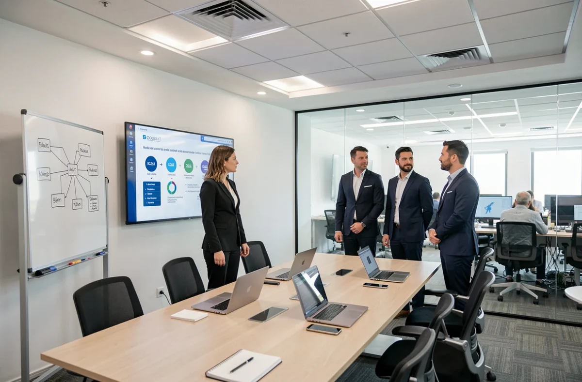 Équipe de NECC Groupe en réunion stratégique autour d'une présentation de solutions informatiques