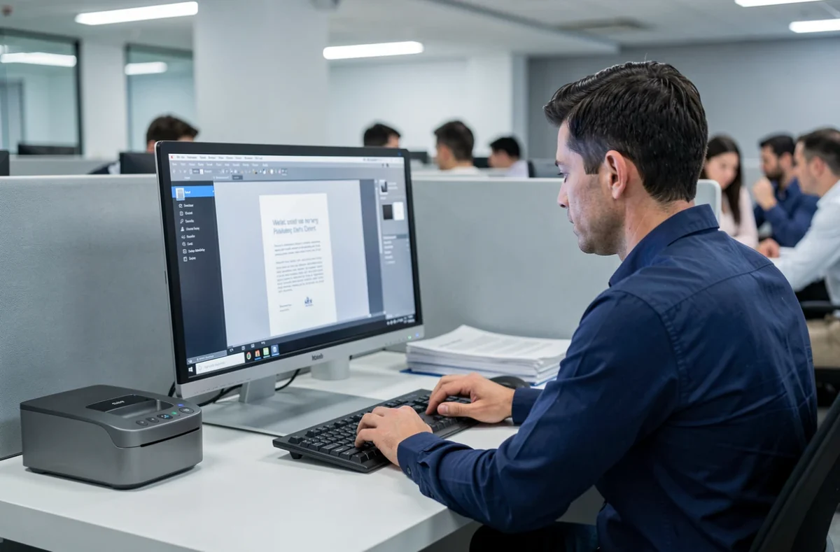 Homme en bureau moderne consultant un document numérisé sur un écran d'ordinateur avec un scanner sans fil sur le bureau
