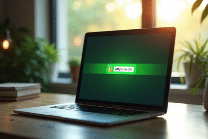 Ordinateur portable avec cadenas HTTPS vert en ligne