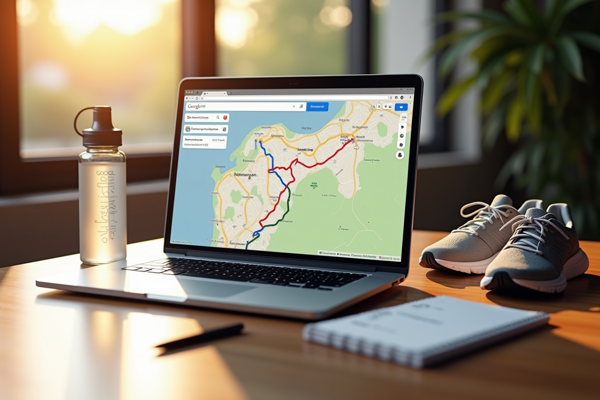 Ordinateur portable avec tracé de course sur Google Maps sur un bureau en bois