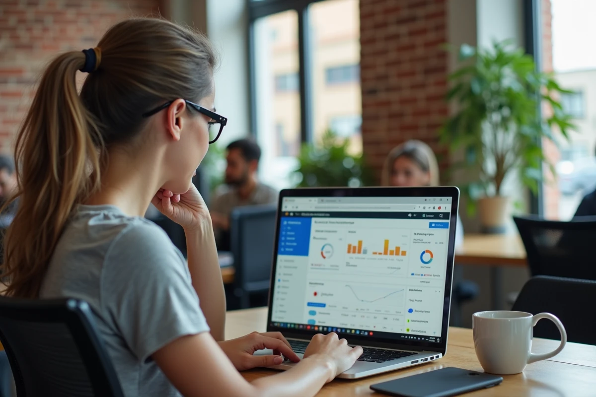 Femme consultant un outil de classement de sites web par ping dans un espace de coworking moderne