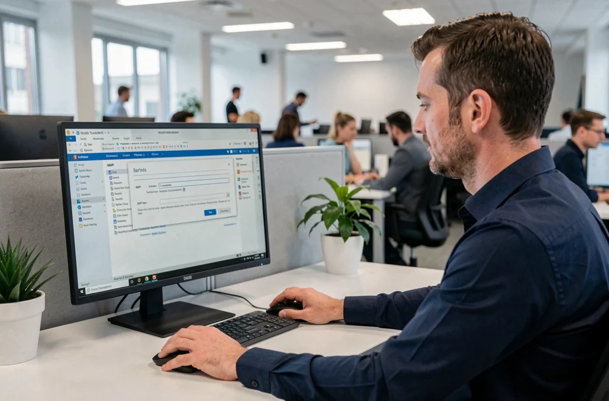 Homme paramétrant le client email Thunderbird avec les réglages IMAP du Webmail Clermont dans un bureau professionnel en open space