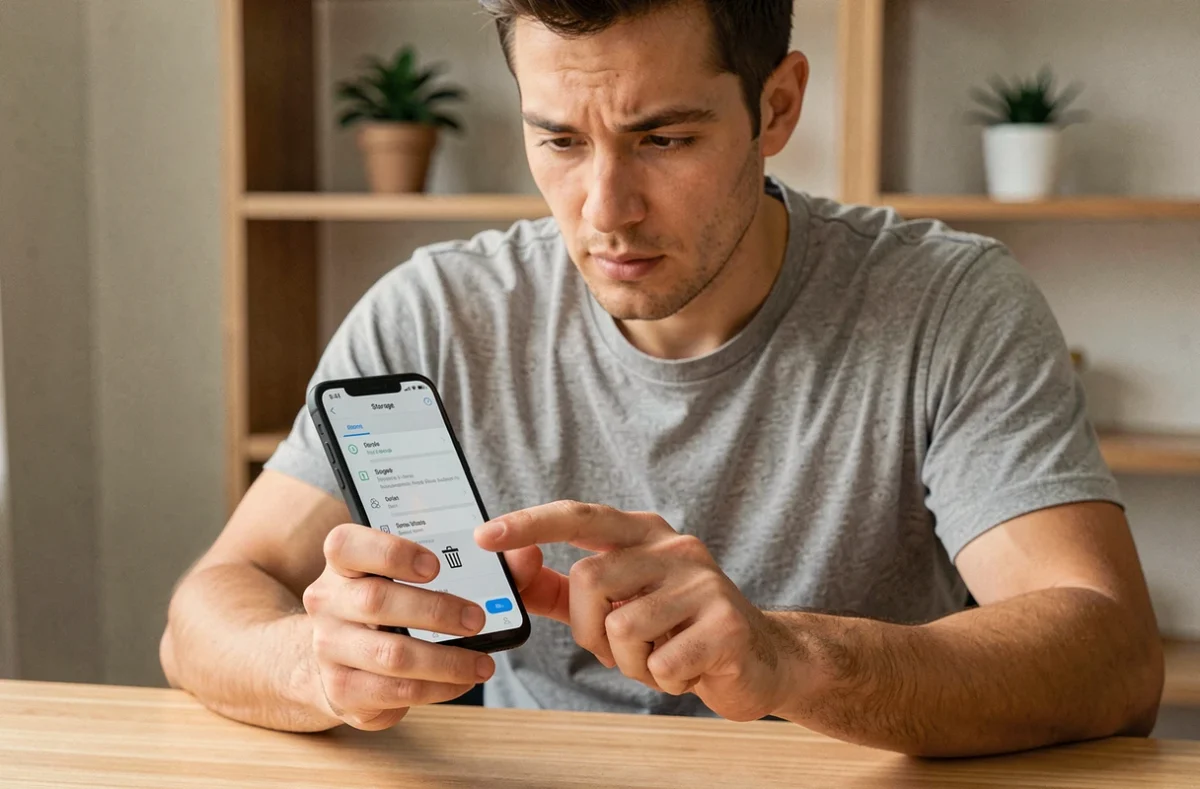 Homme utilisant les paramètres Android pour vider automatiquement la corbeille sur son smartphone