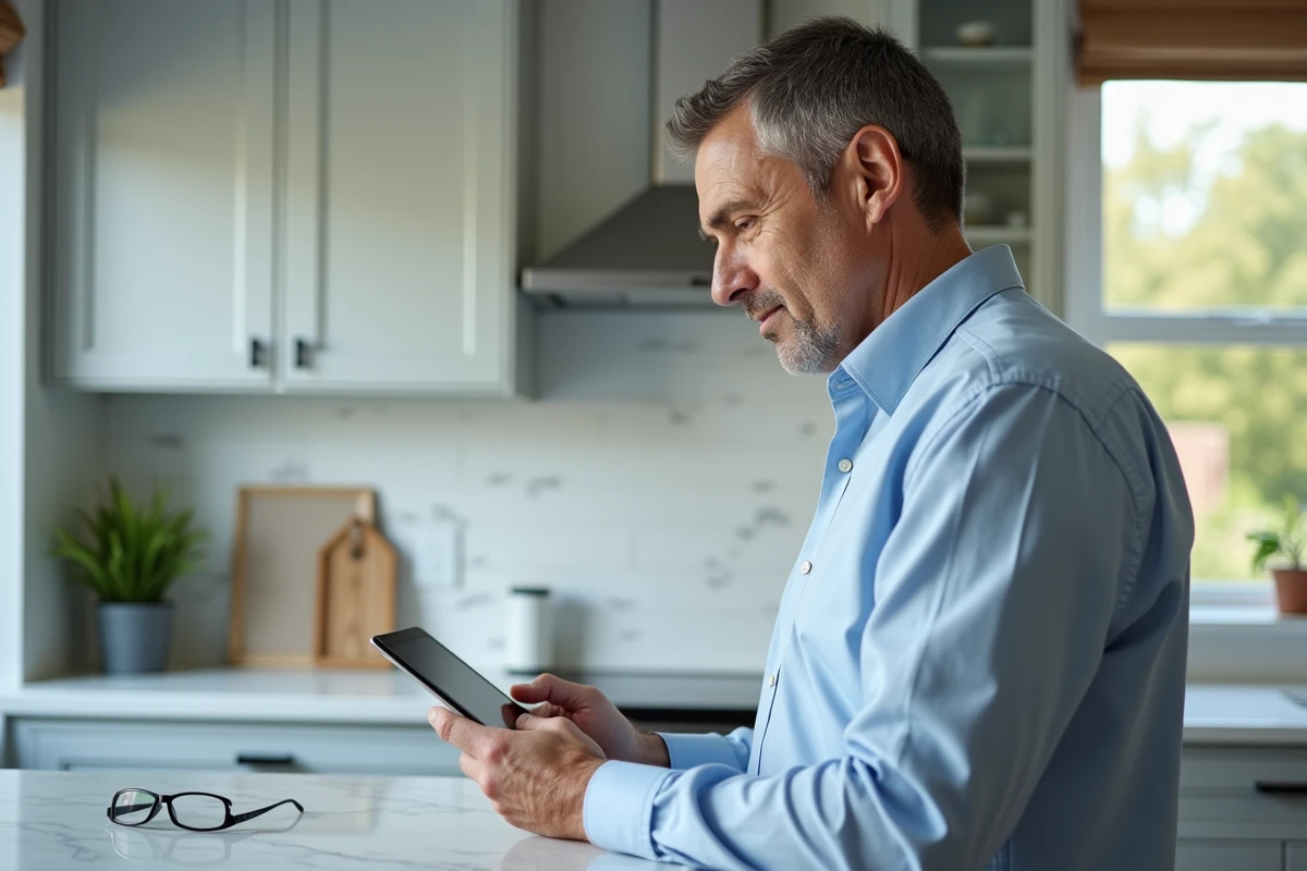 Parent consultant l'ENT sur une tablette depuis sa cuisine pour accompagner la connexion de son enfant