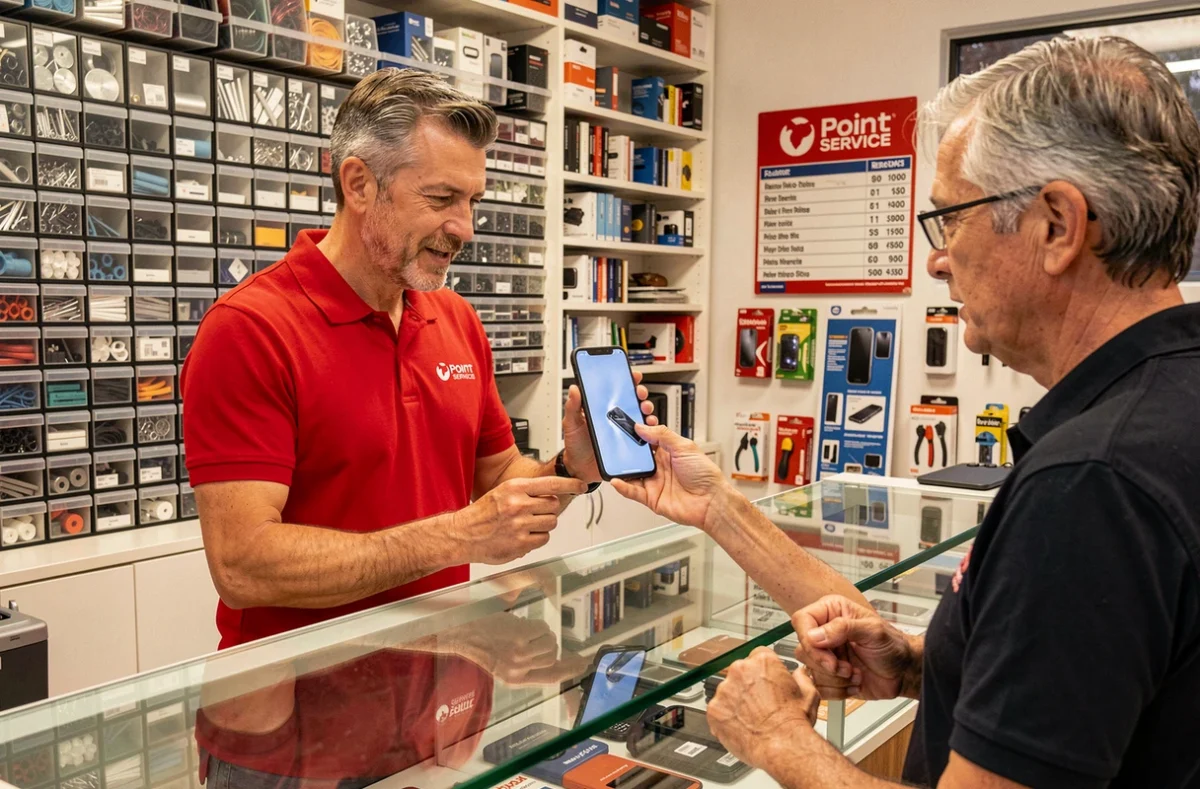 Technicien Point Service Mobiles montrant un écran réparé à un client satisfait dans la boutique lyonnaise