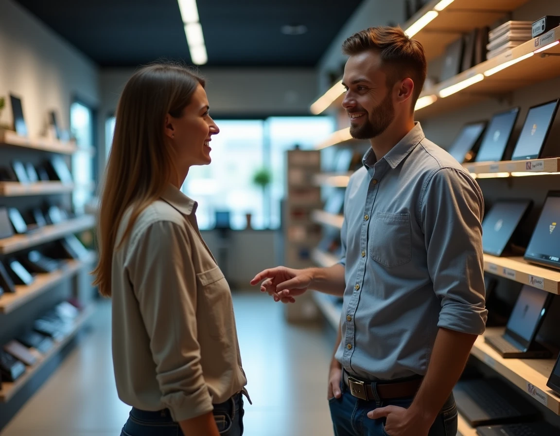 Vendeur de Pontarlier Informatique conseillant une cliente dans la boutique spécialisée en matériel informatique
