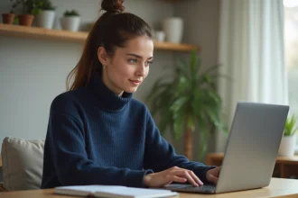 Jeune femme connectée pour la première fois à un ENT sur son ordinateur portable dans un bureau à domicile