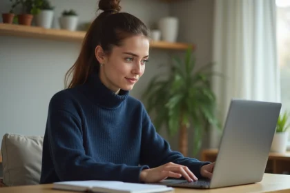 Jeune femme connectée pour la première fois à un ENT sur son ordinateur portable dans un bureau à domicile