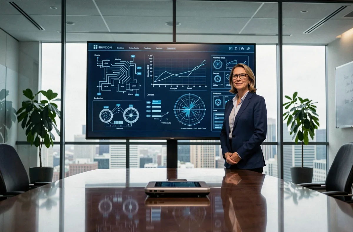 Professionnelle présentant des schémas de micro-technologie en salle de réunion d'entreprise