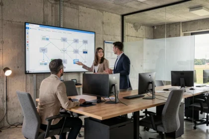 Équipe informatique professionnelle dans un bureau moderne du Calvados, représentant les prestataires IT de la région