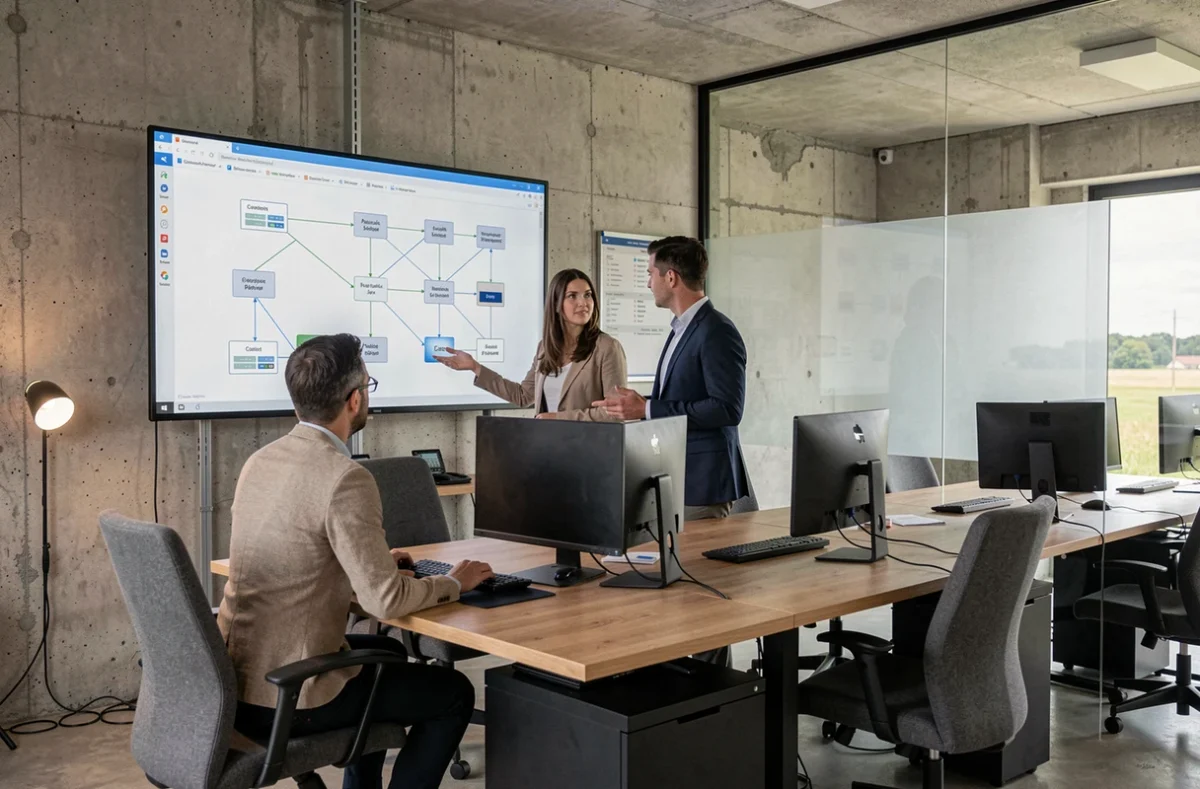 Équipe informatique professionnelle dans un bureau moderne du Calvados, représentant les prestataires IT de la région