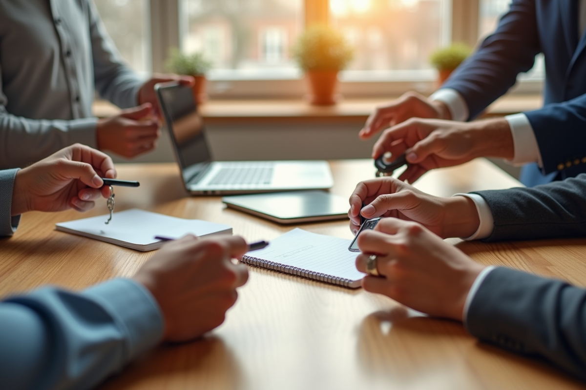 Quatre mains tenant objets de securite informatique en cooperation