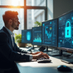 Professionnel informatique travaillant avec securite et ecrans