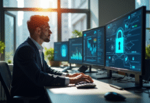 Professionnel informatique travaillant avec securite et ecrans
