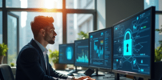 Professionnel informatique travaillant avec securite et ecrans