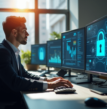 Professionnel informatique travaillant avec securite et ecrans