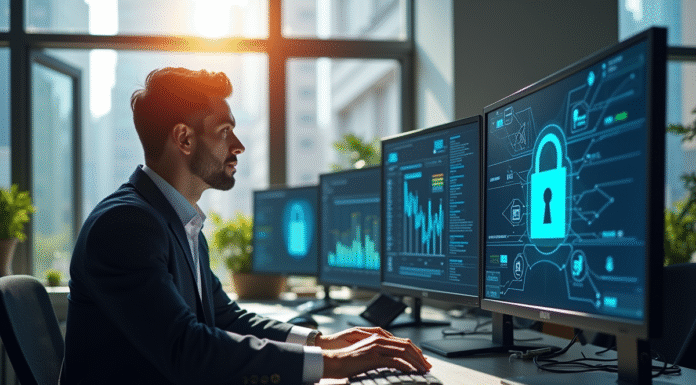 Professionnel informatique travaillant avec securite et ecrans