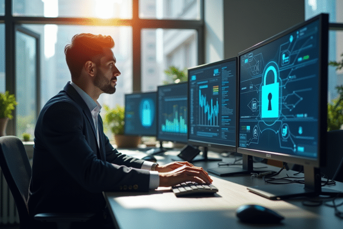 Professionnel informatique travaillant avec securite et ecrans