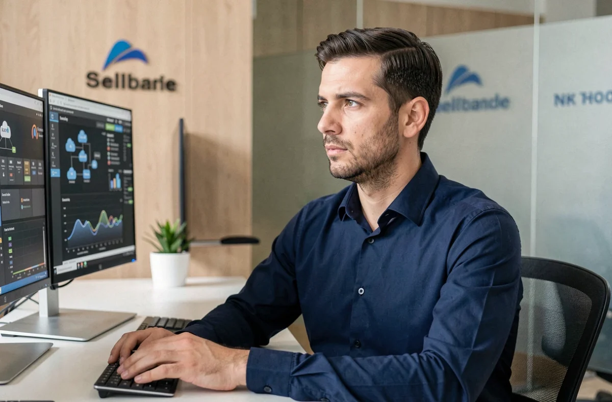 Consultant IT de Provectio travaillant sur des tableaux de bord d'infrastructure cloud dans un bureau moderne