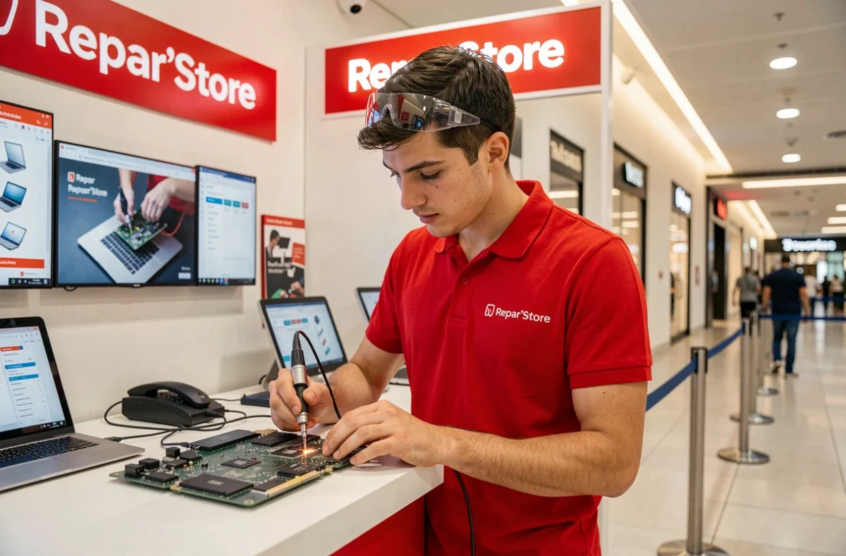 Technicien de Repar'Store à Toulouse en train de souder un composant sur une carte mère de MacBook dans un kiosque de réparation