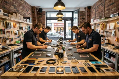 Vue d'ensemble d'un atelier de réparation de smartphones animé à Lyon avec plusieurs techniciens au travail