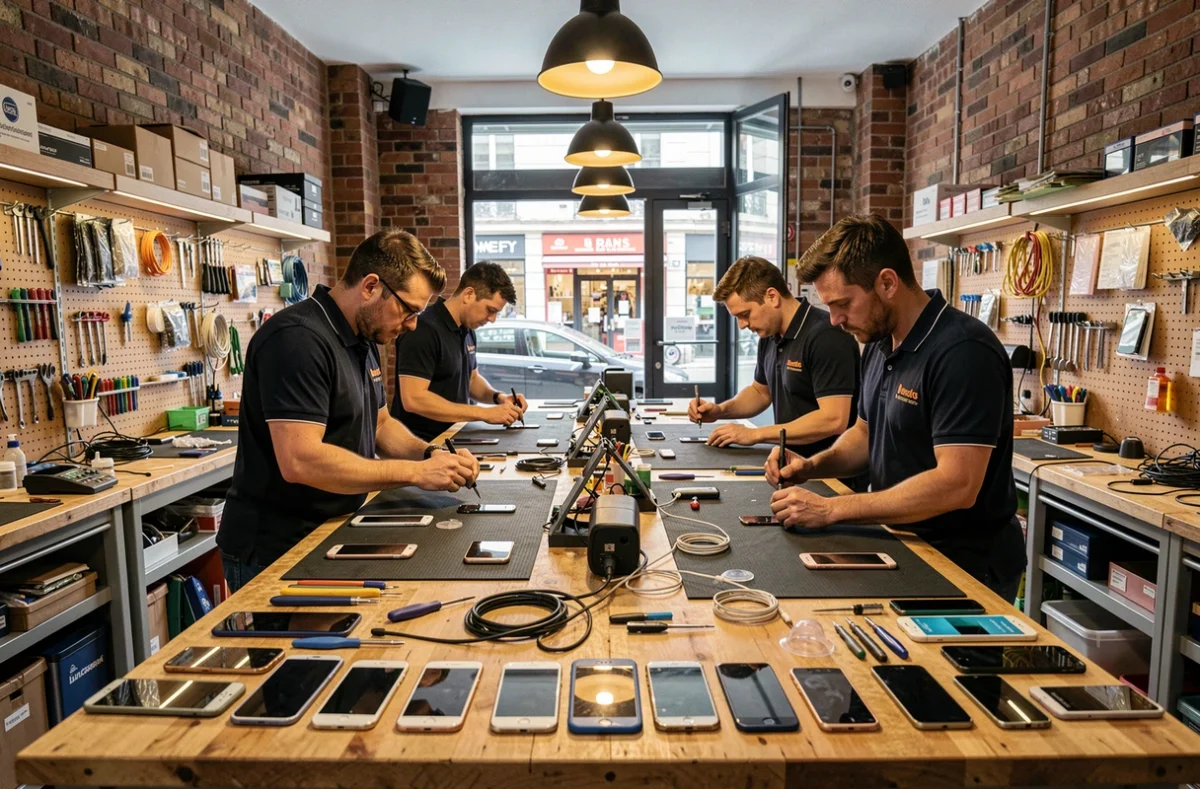 Vue d'ensemble d'un atelier de réparation de smartphones animé à Lyon avec plusieurs techniciens au travail