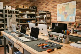 Atelier de réparation de Mac en Occitanie avec plusieurs appareils Apple sur un établi en bois et outils de précision rangés
