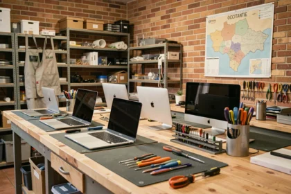 Atelier de réparation de Mac en Occitanie avec plusieurs appareils Apple sur un établi en bois et outils de précision rangés