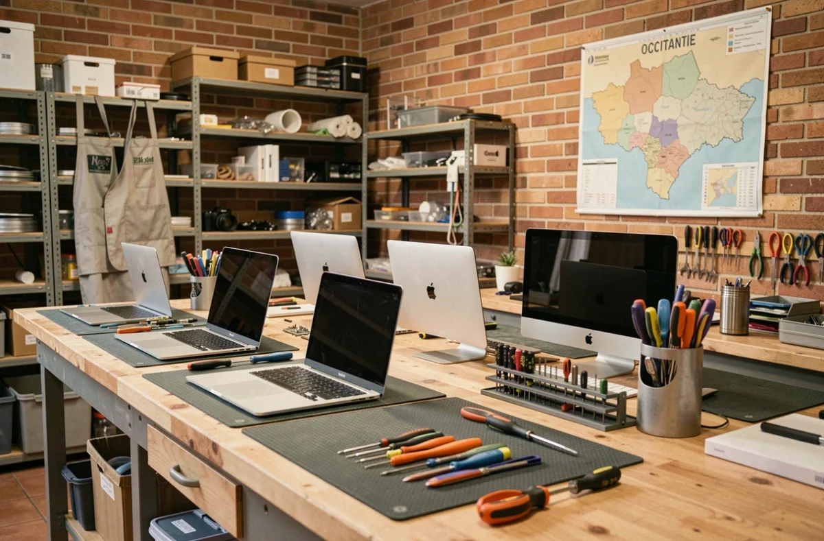 Atelier de réparation de Mac en Occitanie avec plusieurs appareils Apple sur un établi en bois et outils de précision rangés