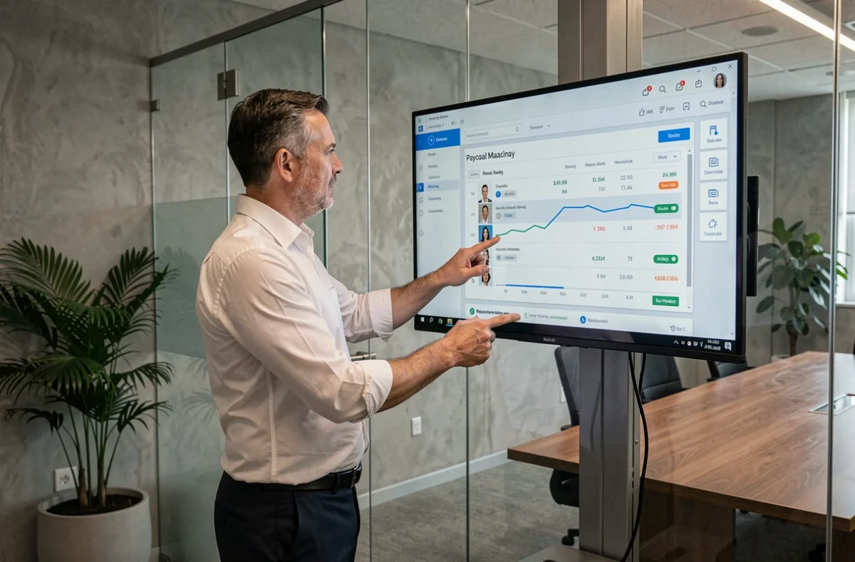 Responsable RH présentant un tableau de bord de gestion des fiches de paie sur écran dans une salle de réunion d'entreprise