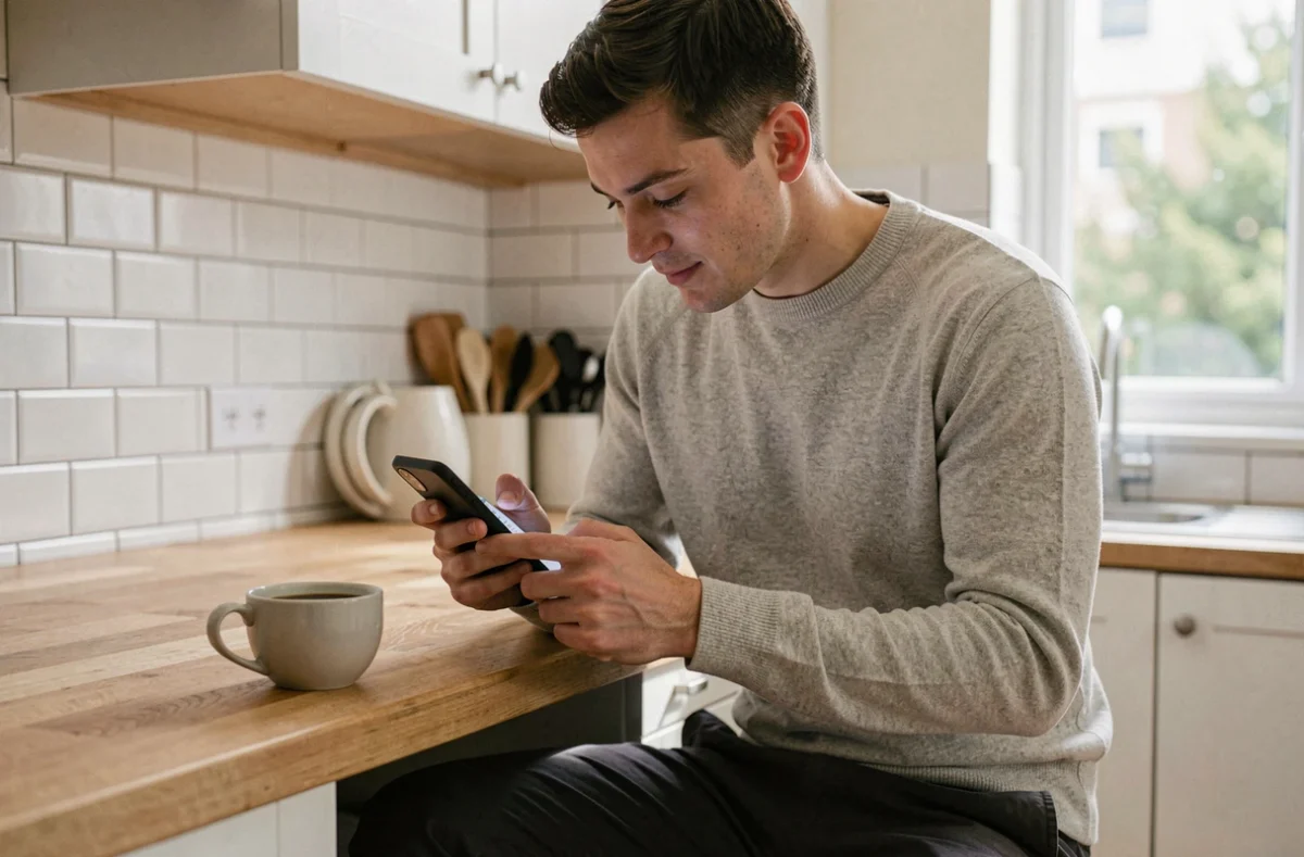 Jeune salarié consultant sa fiche de paie dématérialisée sur smartphone depuis son domicile avec un café