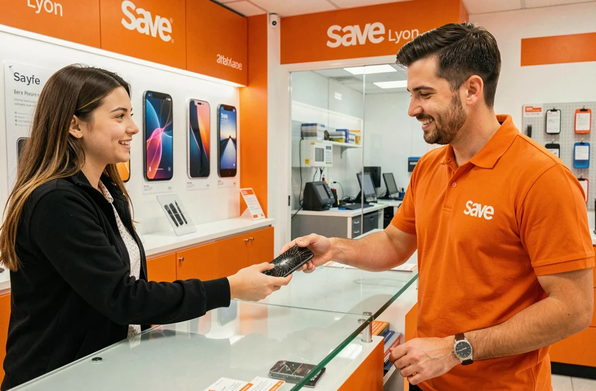 Cliente remettant son iPhone endommagé à un technicien Save en polo orange dans la boutique Save Lyon